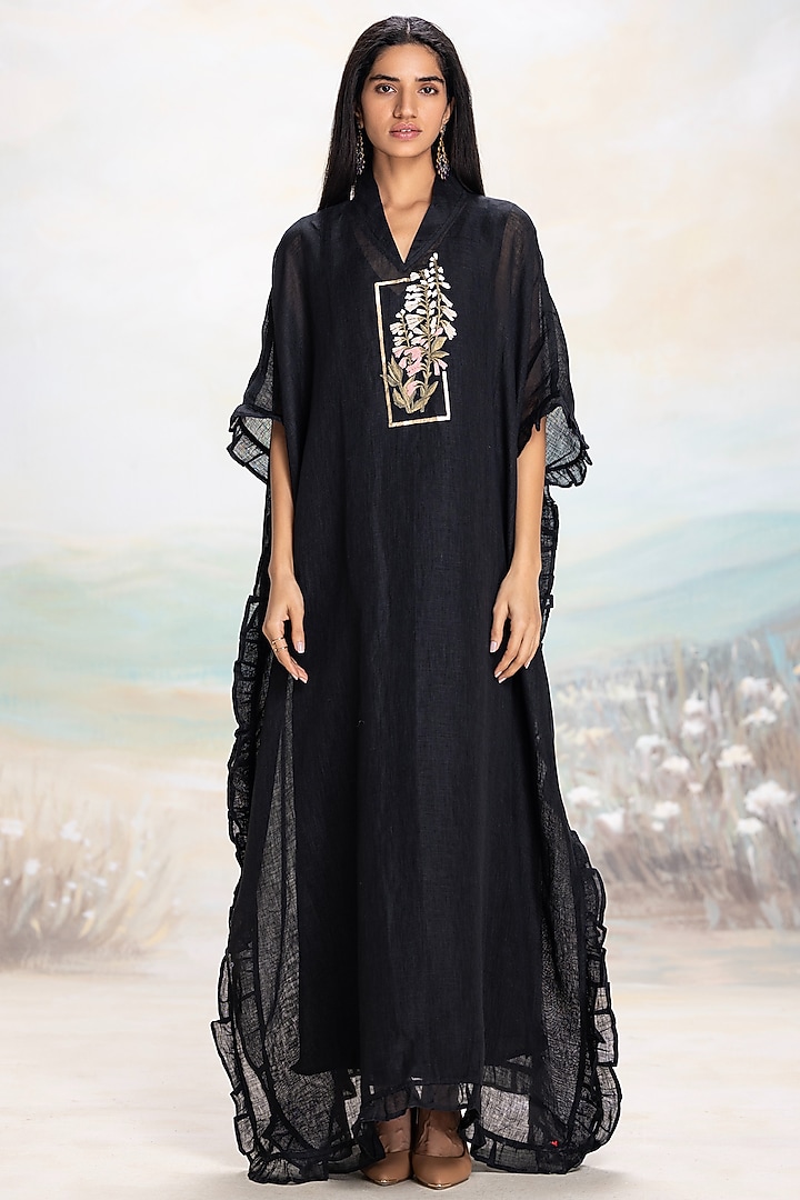 Black Linen Floral Embroidered Kaftan by Kaveri at Pernia's Pop Up Shop