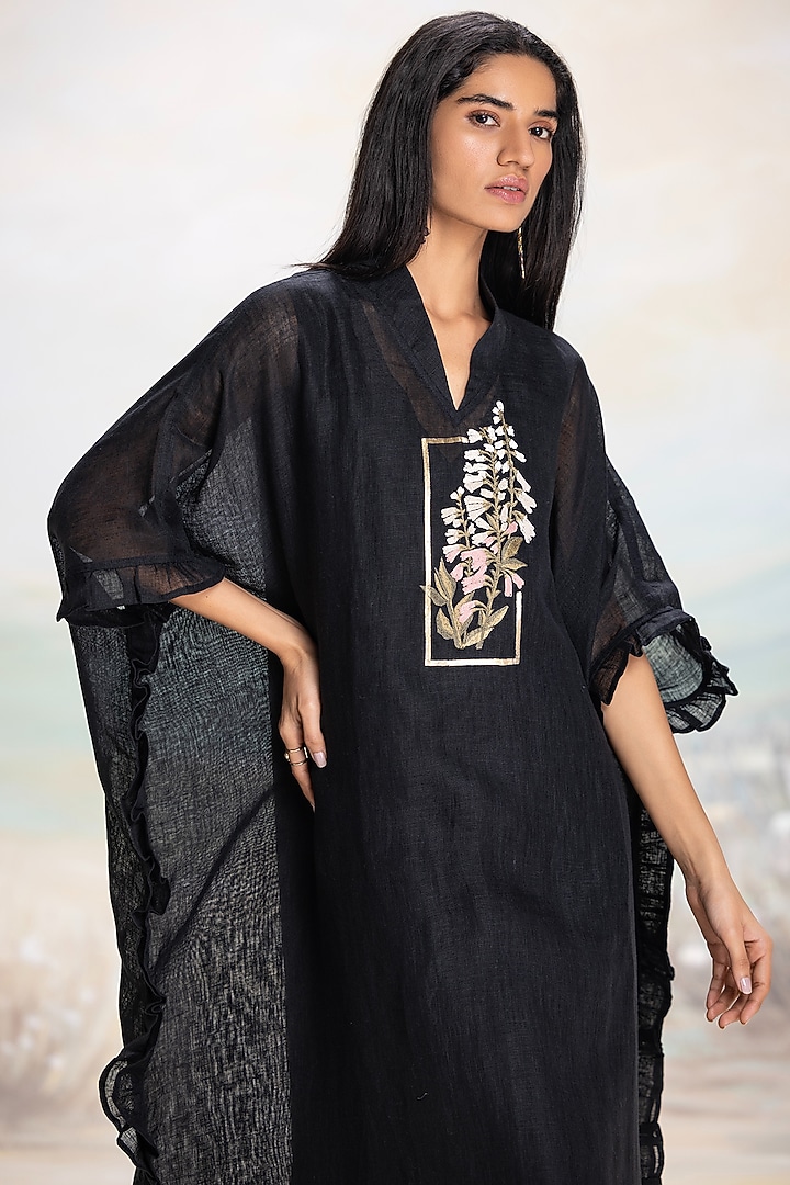 Black Linen Floral Embroidered Kaftan by Kaveri at Pernia's Pop Up Shop