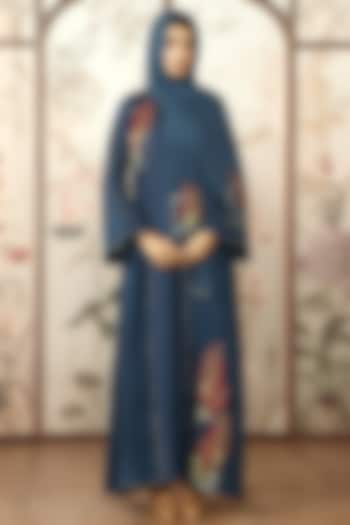 Navy Linen Floral Embroidered Abaya Jacket Cocktail Dress by Kaveri at Pernia's Pop Up Shop