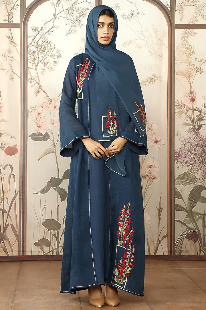 Navy Linen Floral Embroidered Abaya Jacket Cocktail Dress by Kaveri at Pernia's Pop Up Shop