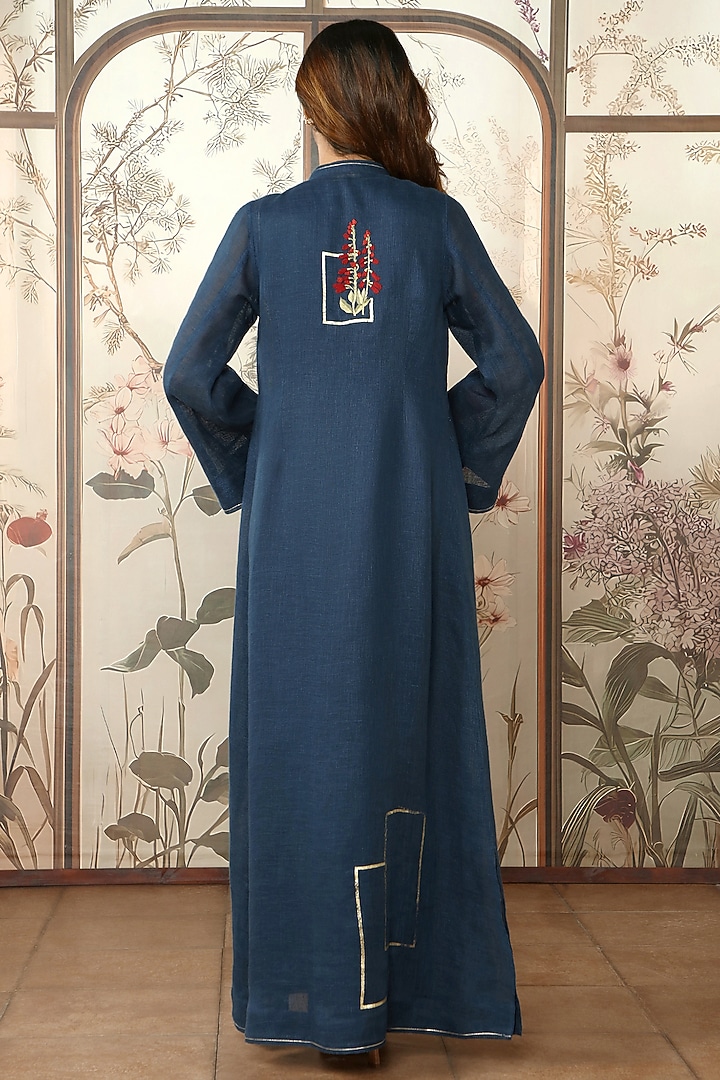 Navy Linen Floral Embroidered Abaya Jacket Cocktail Dress by Kaveri at Pernia's Pop Up Shop