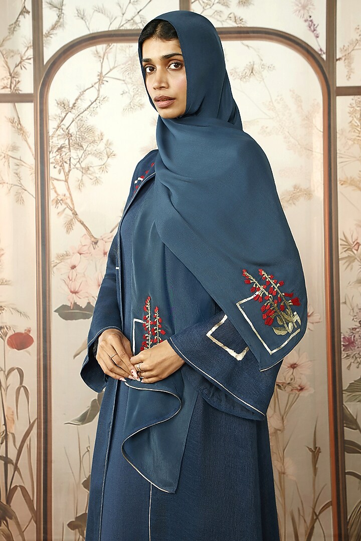 Navy Linen Floral Embroidered Abaya Jacket Cocktail Dress by Kaveri at Pernia's Pop Up Shop