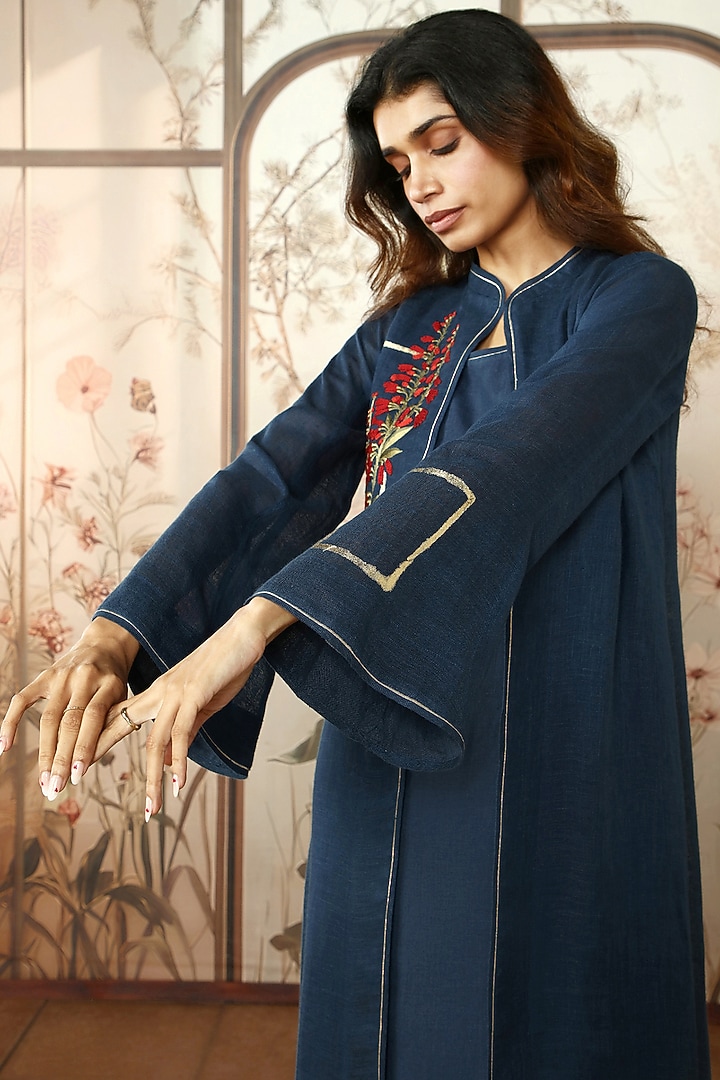 Navy Linen Floral Embroidered Abaya Jacket Cocktail Dress by Kaveri at Pernia's Pop Up Shop