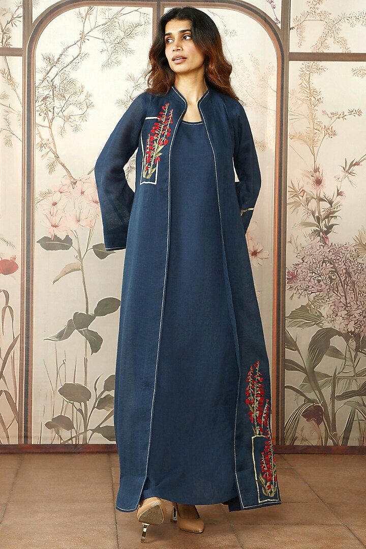 Navy Linen Floral Embroidered Abaya Jacket Cocktail Dress by Kaveri at Pernia's Pop Up Shop