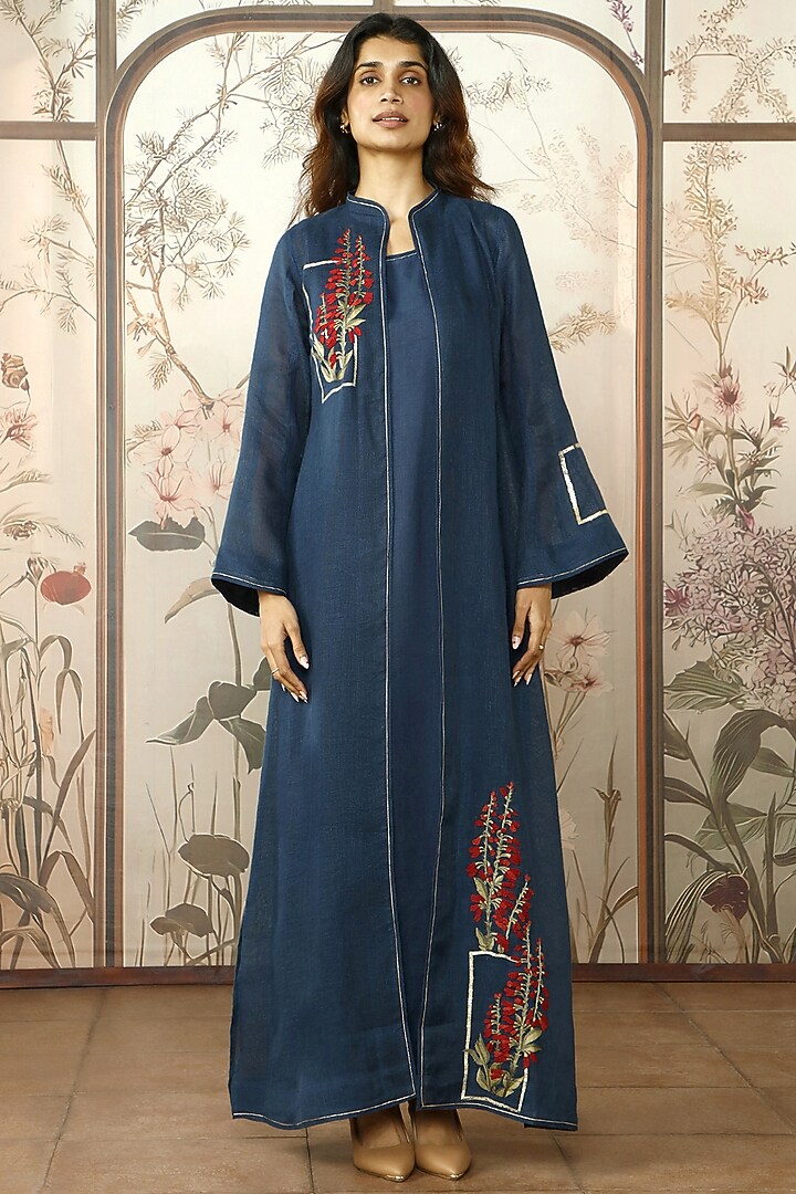 Navy Linen Floral Embroidered Abaya Jacket Cocktail Dress by Kaveri at Pernia's Pop Up Shop