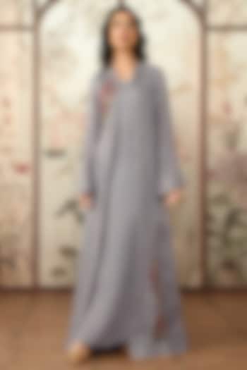 Fossil-Colored Linen Floral Embroidered Abaya Jacket Cocktail Dress by Kaveri at Pernia's Pop Up Shop