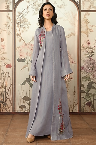 Fossil-Colored Linen Floral Embroidered Abaya Jacket Dress by Kaveri