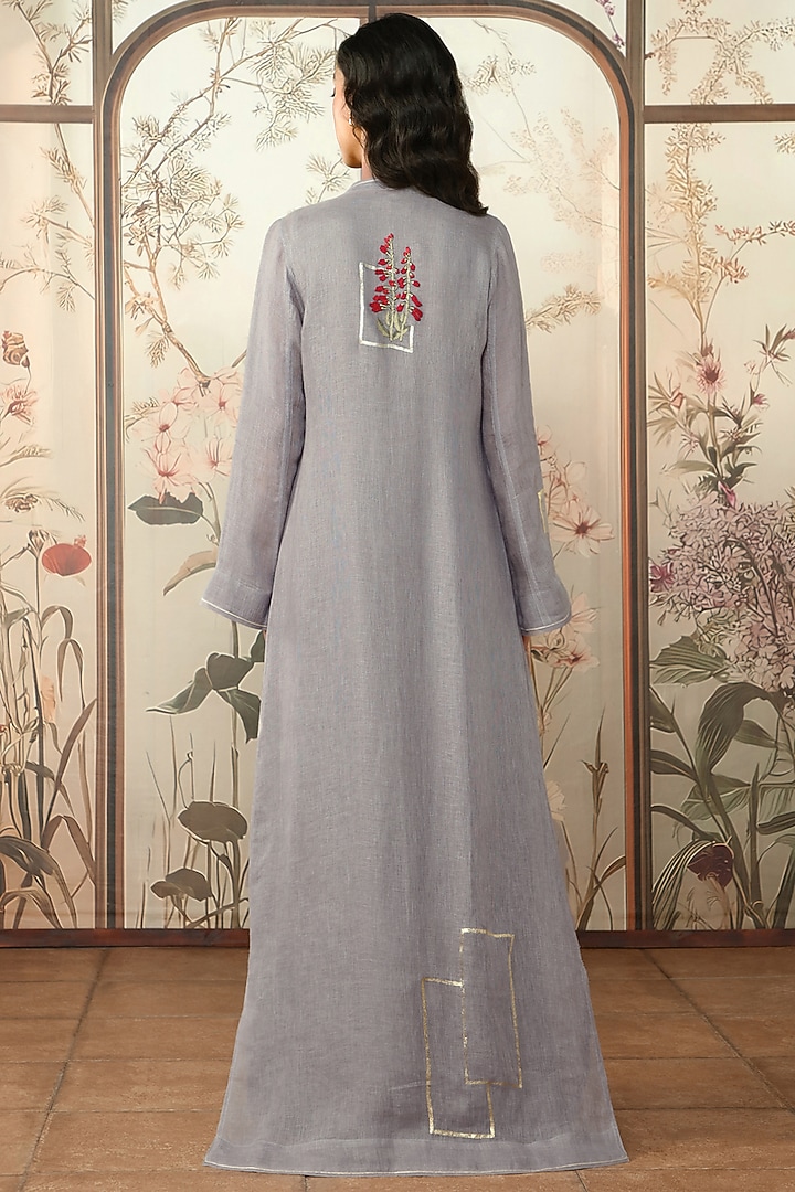 Fossil-Colored Linen Floral Embroidered Abaya Jacket Cocktail Dress by Kaveri at Pernia's Pop Up Shop