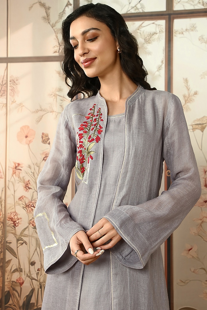 Fossil-Colored Linen Floral Embroidered Abaya Jacket Cocktail Dress by Kaveri at Pernia's Pop Up Shop