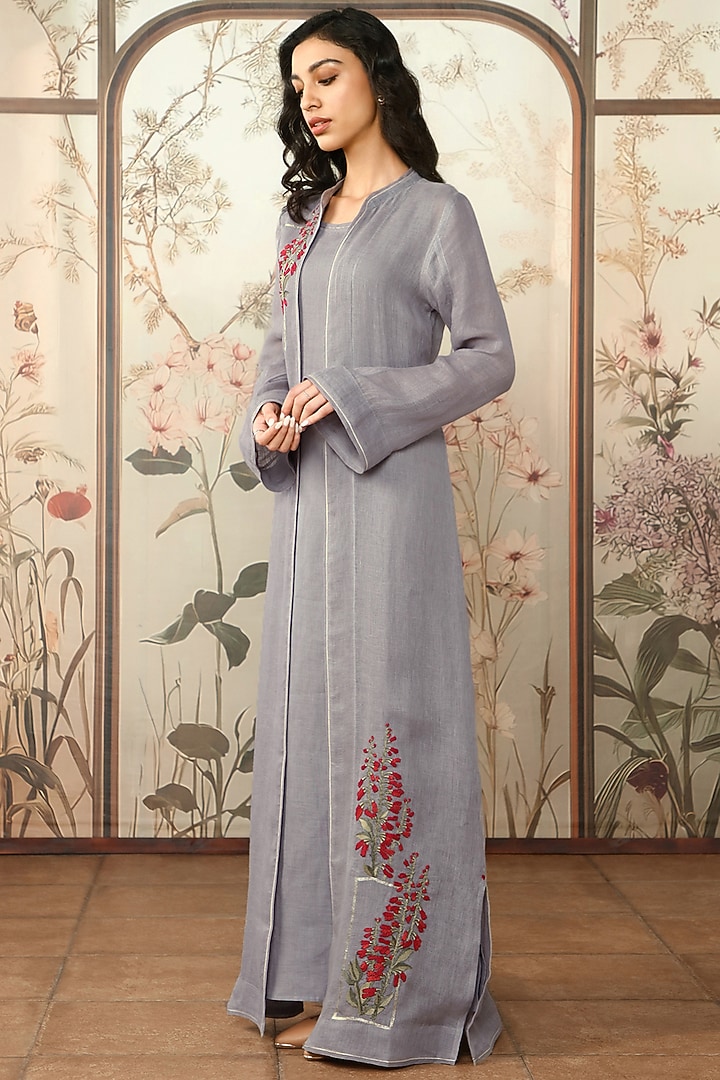 Fossil-Colored Linen Floral Embroidered Abaya Jacket Cocktail Dress by Kaveri at Pernia's Pop Up Shop