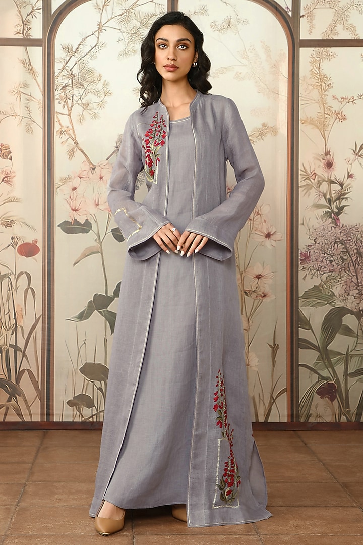 Fossil-Colored Linen Floral Embroidered Abaya Jacket Cocktail Dress by Kaveri at Pernia's Pop Up Shop
