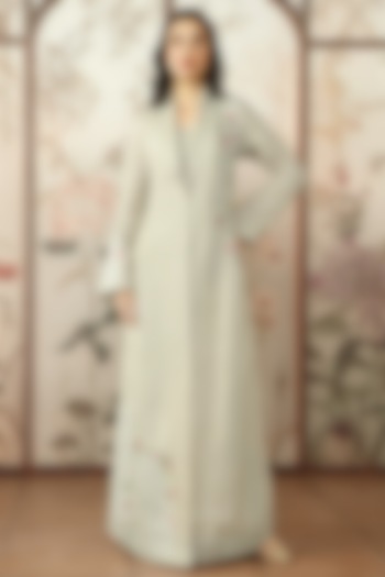 Natural-Colored Linen Printed & Floral Embroidered Abaya Jacket Cocktail Dress by Kaveri at Pernia's Pop Up Shop