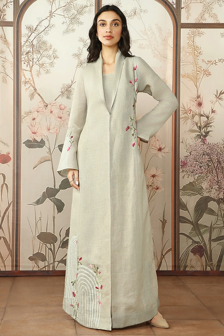 Natural-Colored Linen Printed & Floral Embroidered Abaya Jacket Cocktail Dress by Kaveri at Pernia's Pop Up Shop