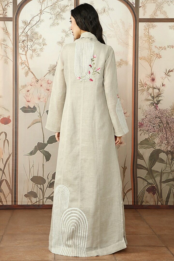 Natural-Colored Linen Printed & Floral Embroidered Abaya Jacket Cocktail Dress by Kaveri at Pernia's Pop Up Shop
