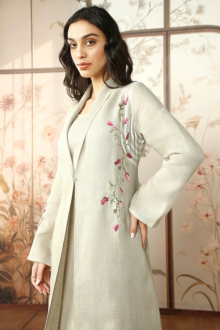 Natural-Colored Linen Printed & Floral Embroidered Abaya Jacket Cocktail Dress by Kaveri at Pernia's Pop Up Shop