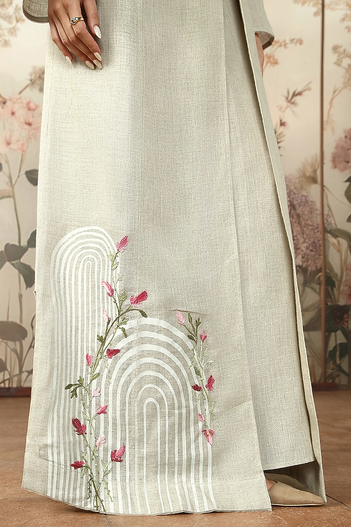 Natural-Colored Linen Printed & Floral Embroidered Abaya Jacket Cocktail Dress by Kaveri at Pernia's Pop Up Shop
