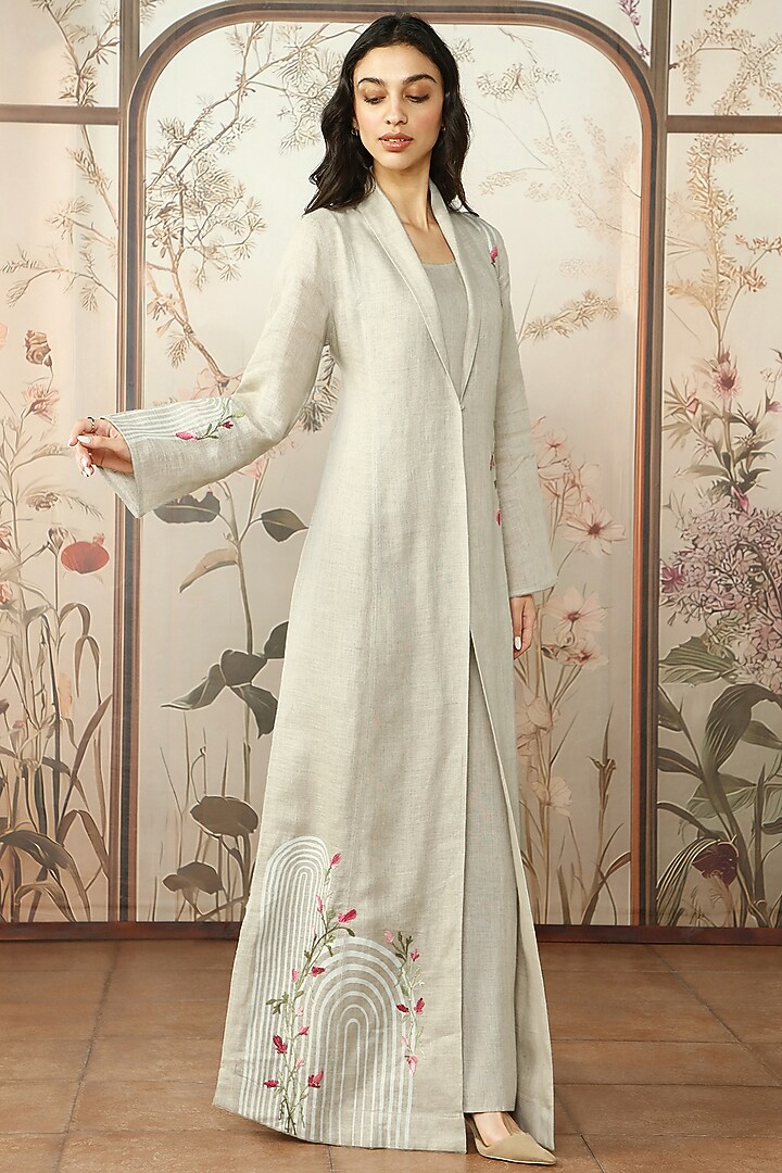 Natural-Colored Linen Printed & Floral Embroidered Abaya Jacket Cocktail Dress by Kaveri at Pernia's Pop Up Shop