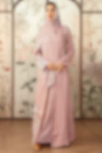 Blush Linen Printed & Floral Embroidered Abaya Jacket Cocktail Dress by Kaveri at Pernia's Pop Up Shop