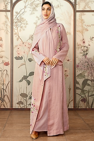 Blush Linen Printed & Floral Embroidered Abaya Jacket Dress by Kaveri