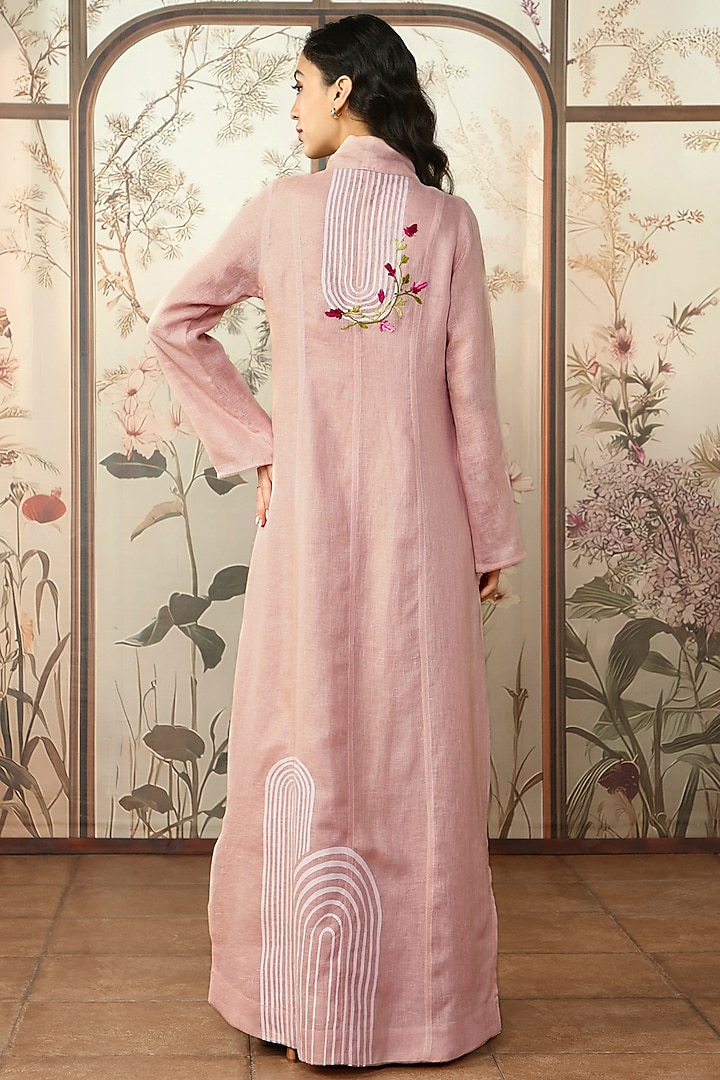 Blush Linen Printed & Floral Embroidered Abaya Jacket Cocktail Dress by Kaveri at Pernia's Pop Up Shop