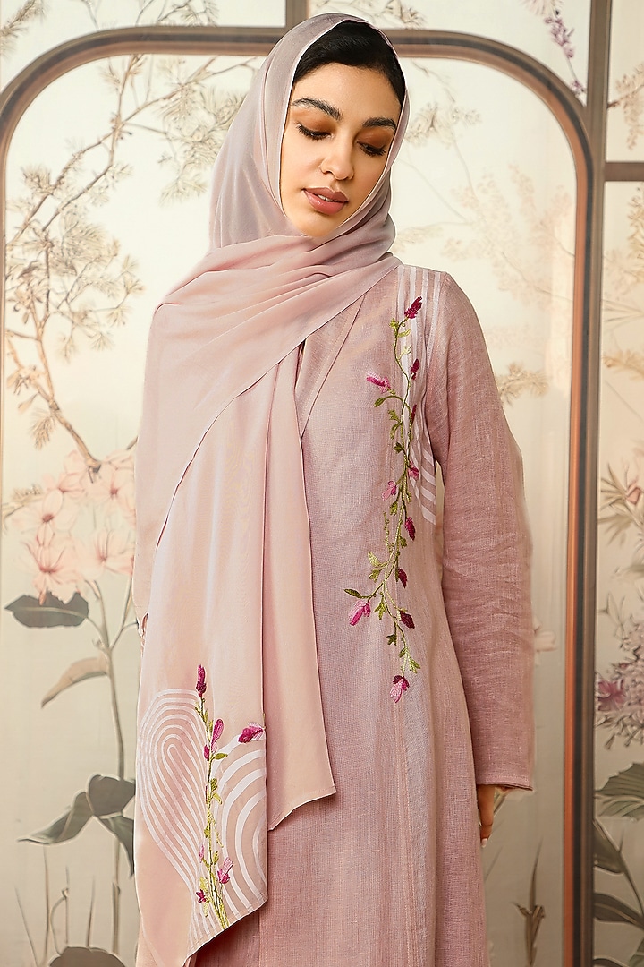 Blush Linen Printed & Floral Embroidered Abaya Jacket Cocktail Dress by Kaveri at Pernia's Pop Up Shop