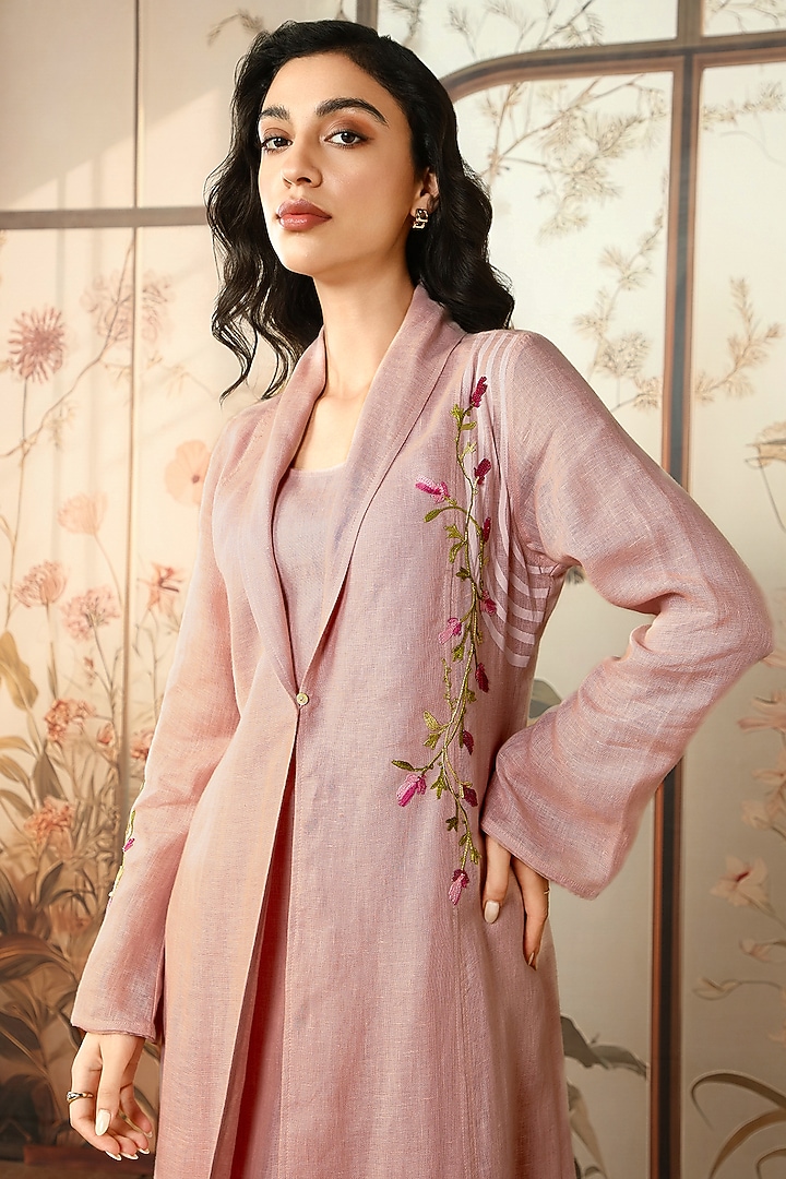 Blush Linen Printed & Floral Embroidered Abaya Jacket Cocktail Dress by Kaveri at Pernia's Pop Up Shop