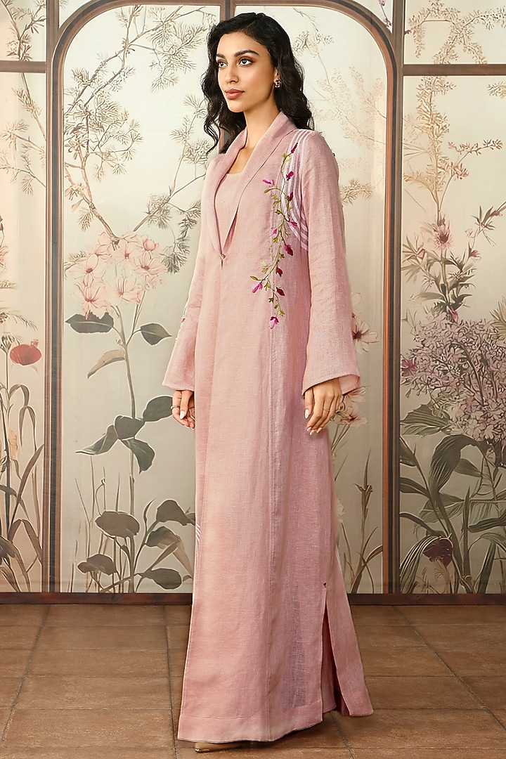 Blush Linen Printed & Floral Embroidered Abaya Jacket Cocktail Dress by Kaveri at Pernia's Pop Up Shop