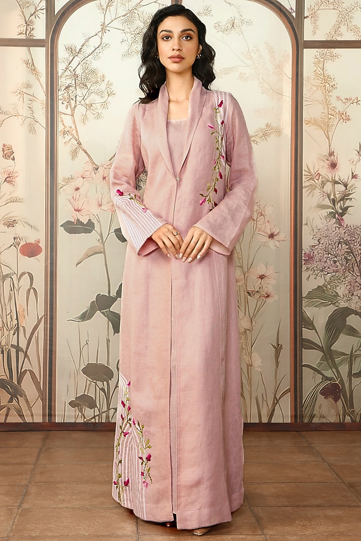 Blush Linen Printed & Floral Embroidered Abaya Jacket Cocktail Dress by Kaveri at Pernia's Pop Up Shop