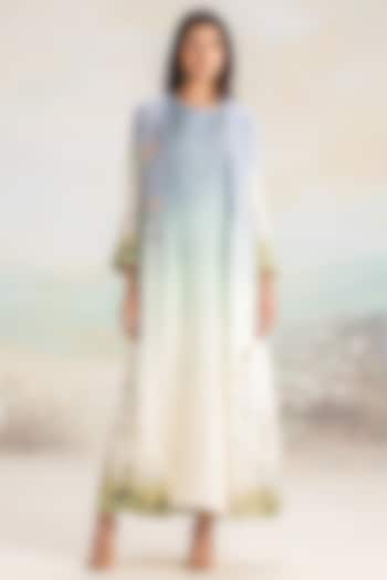 Sunset Blue Linen Printed & Floral Embroidered Abaya Jacket Cocktail Dress by Kaveri at Pernia's Pop Up Shop