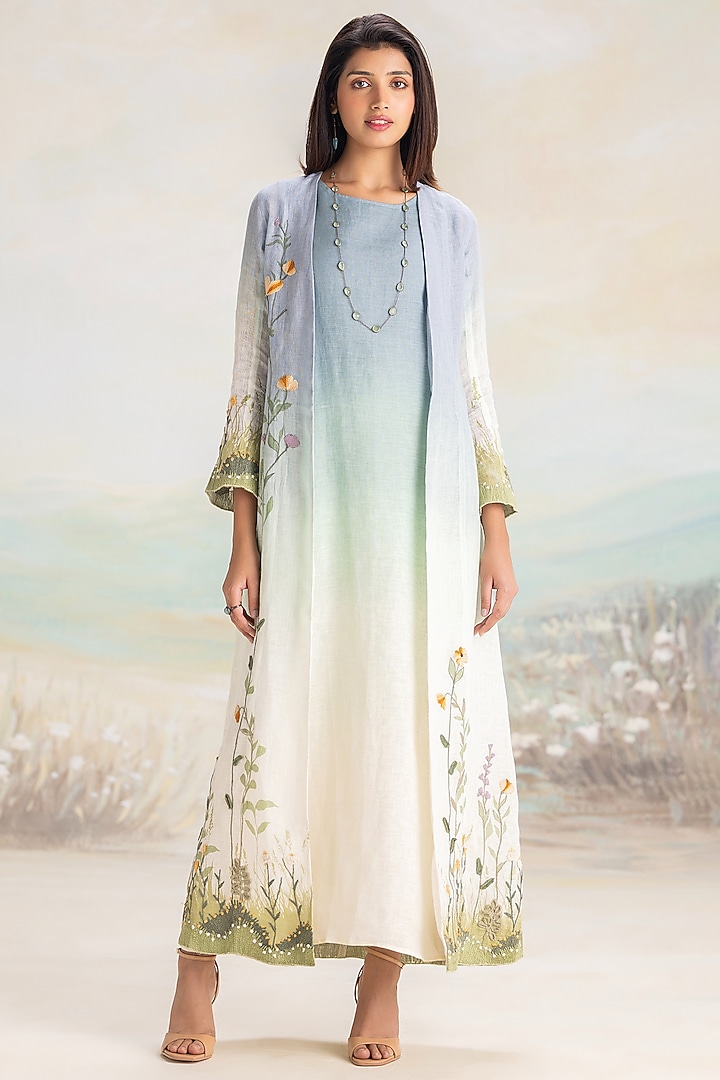 Sunset Blue Linen Printed & Floral Embroidered Abaya Jacket Cocktail Dress by Kaveri at Pernia's Pop Up Shop