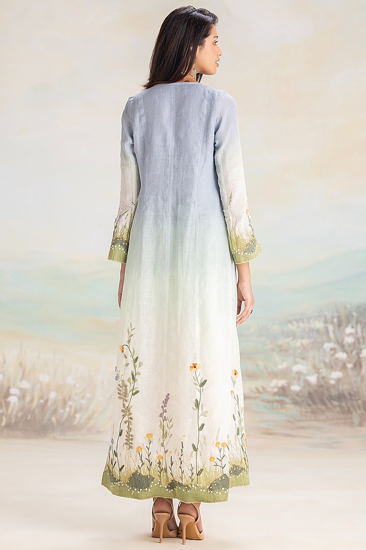 Sunset Blue Linen Printed & Floral Embroidered Abaya Jacket Cocktail Dress by Kaveri at Pernia's Pop Up Shop