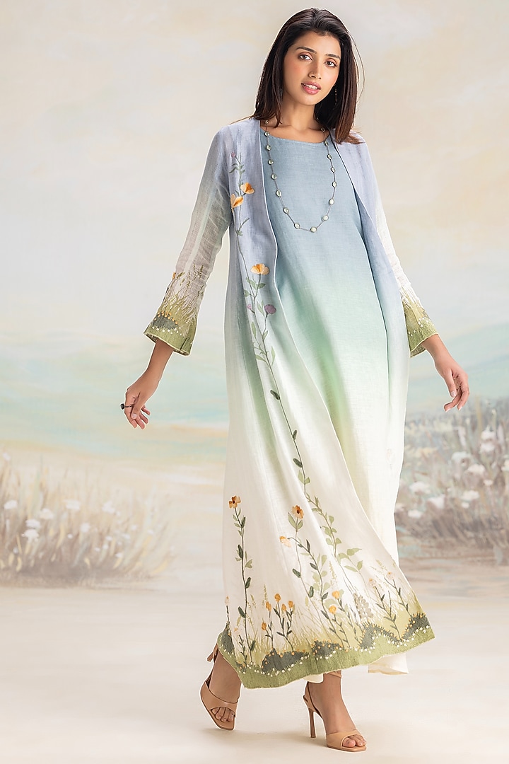 Sunset Blue Linen Printed & Floral Embroidered Abaya Jacket Cocktail Dress by Kaveri at Pernia's Pop Up Shop
