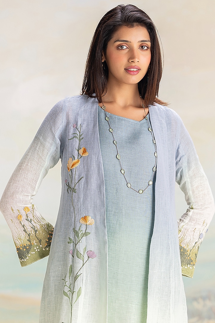 Sunset Blue Linen Printed & Floral Embroidered Abaya Jacket Cocktail Dress by Kaveri at Pernia's Pop Up Shop
