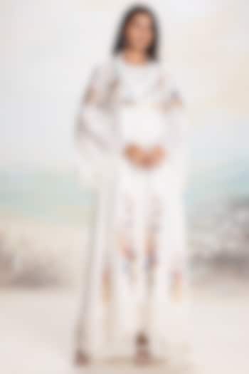 Swan-Colored Linen Printed & Embroidered Abaya Jacket Cocktail Dress by Kaveri at Pernia's Pop Up Shop