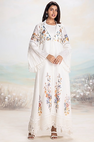 Swan-Colored Linen Printed & Embroidered Abaya Jacket Dress by Kaveri