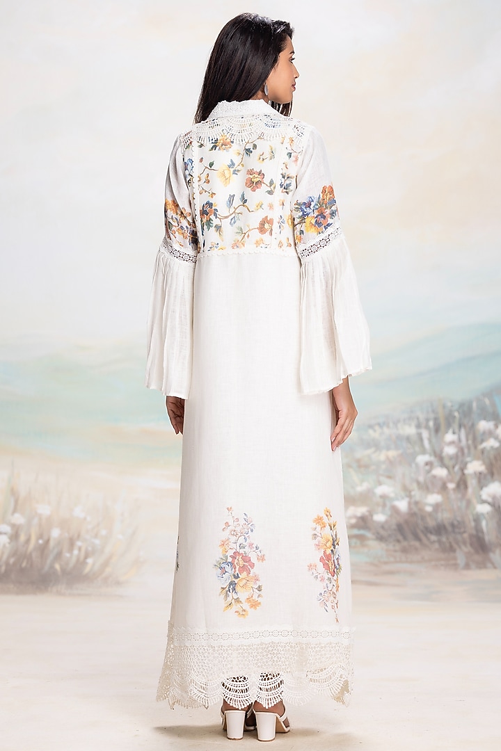 Swan-Colored Linen Printed & Embroidered Abaya Jacket Cocktail Dress by Kaveri at Pernia's Pop Up Shop