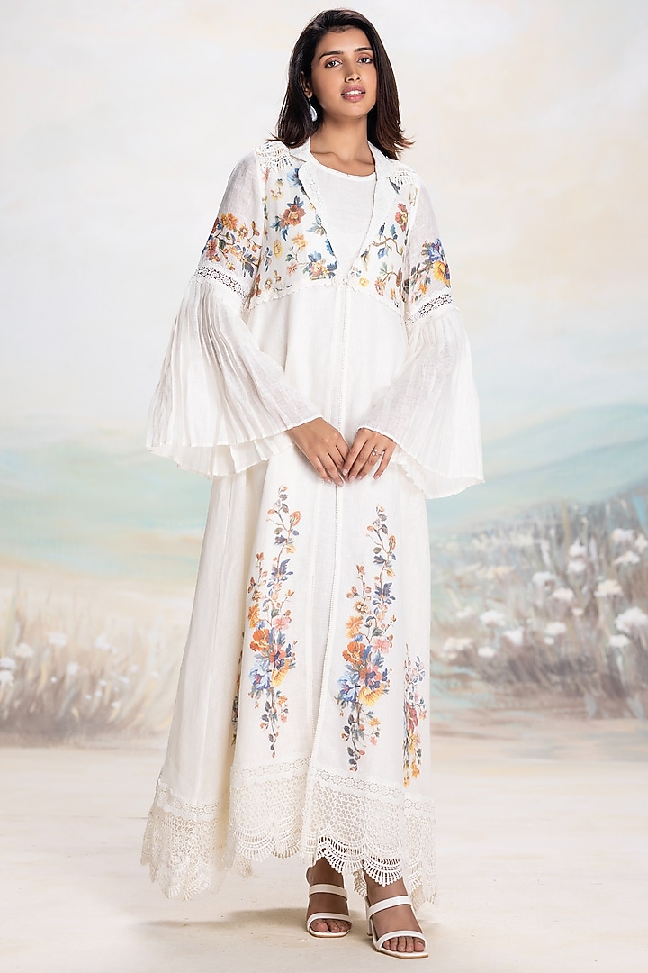 Swan-Colored Linen Printed & Embroidered Abaya Jacket Cocktail Dress by Kaveri at Pernia's Pop Up Shop