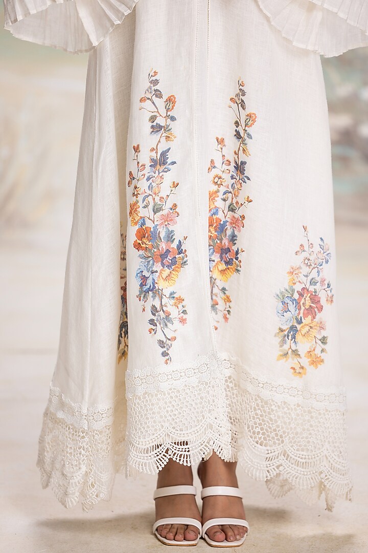 Swan-Colored Linen Printed & Embroidered Abaya Jacket Cocktail Dress by Kaveri at Pernia's Pop Up Shop