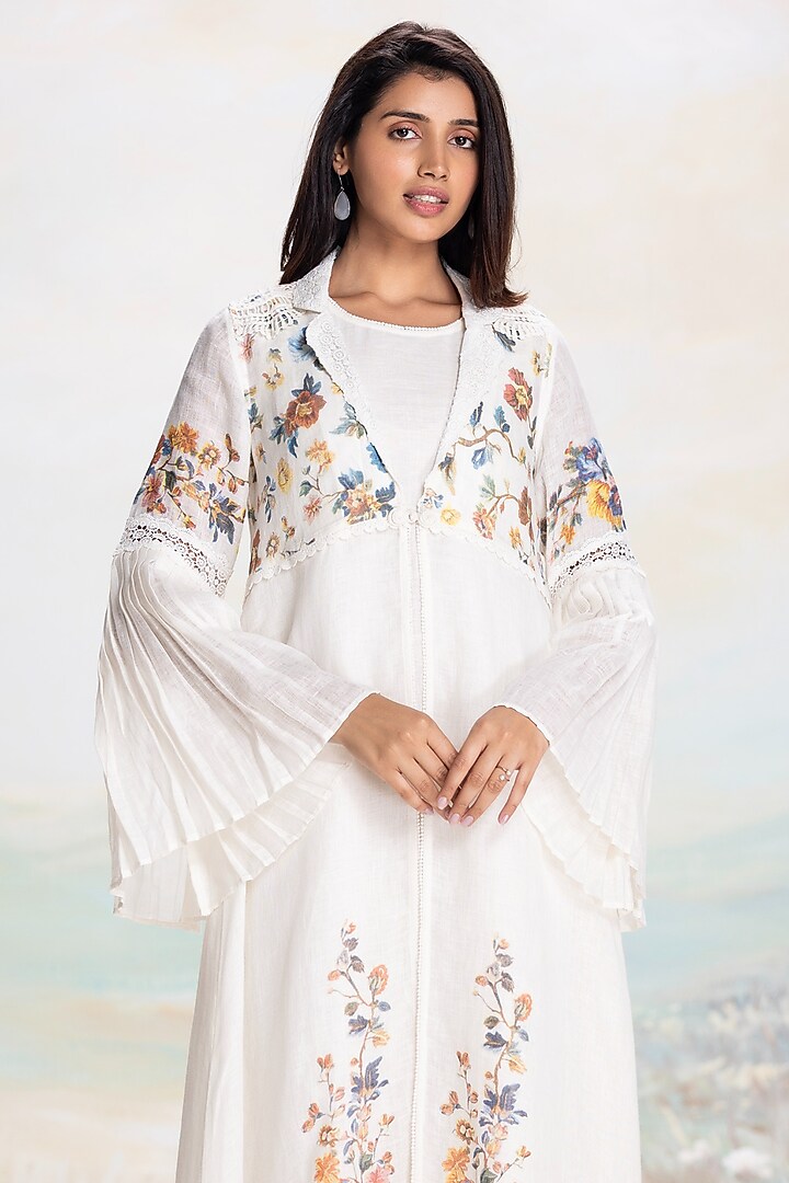 Swan-Colored Linen Printed & Embroidered Abaya Jacket Cocktail Dress by Kaveri at Pernia's Pop Up Shop