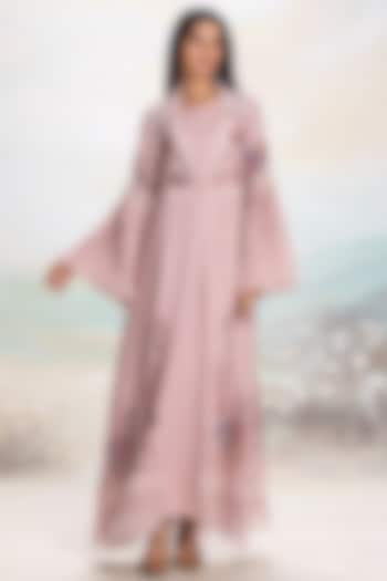 Shadow Rose Linen Printed & Embroidered Abaya Jacket Cocktail Dress by Kaveri at Pernia's Pop Up Shop