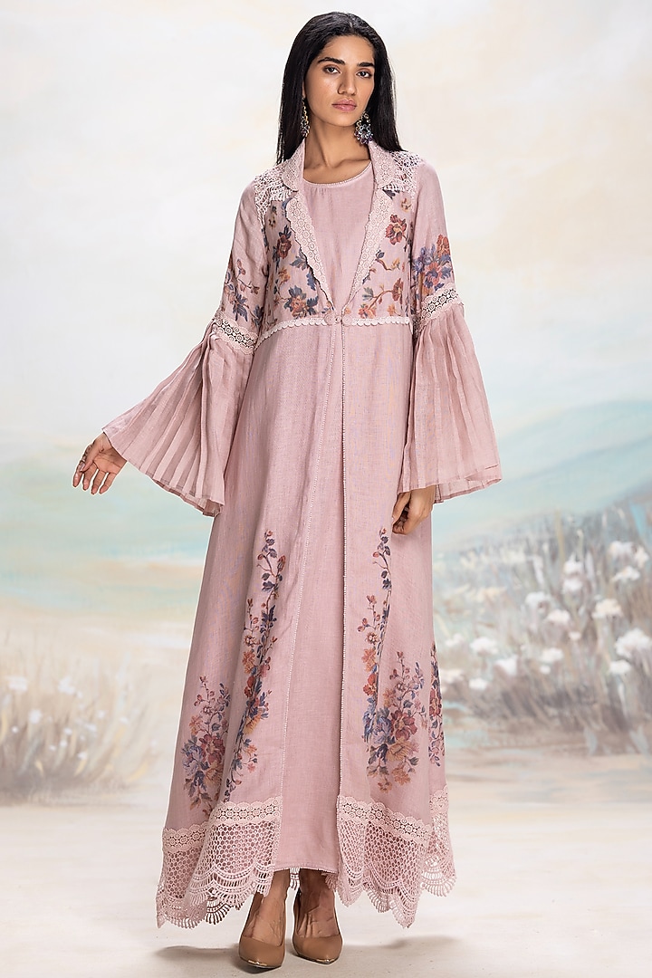 Shadow Rose Linen Printed & Embroidered Abaya Jacket Cocktail Dress by Kaveri at Pernia's Pop Up Shop