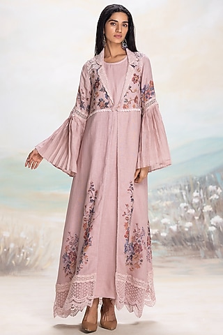 Shadow Rose Linen Printed & Embroidered Abaya Jacket Dress by Kaveri