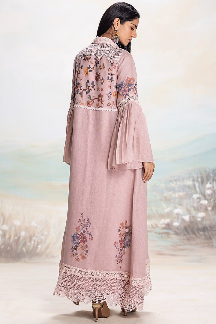 Shadow Rose Linen Printed & Embroidered Abaya Jacket Cocktail Dress by Kaveri at Pernia's Pop Up Shop