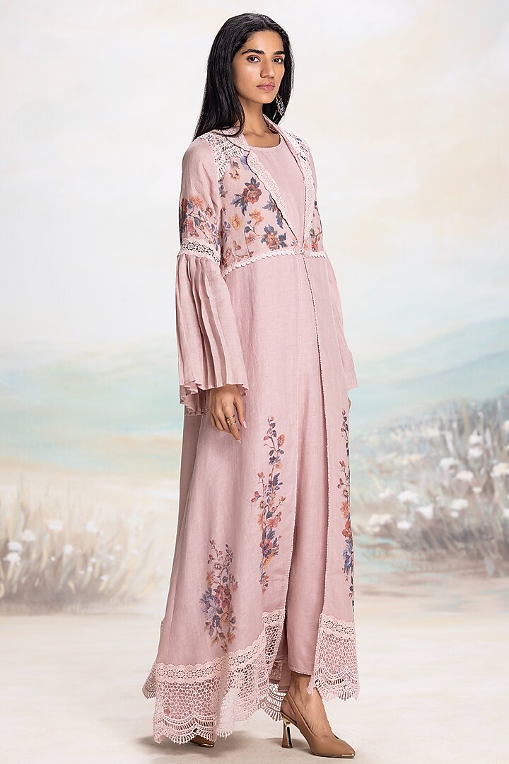Shadow Rose Linen Printed & Embroidered Abaya Jacket Cocktail Dress by Kaveri at Pernia's Pop Up Shop