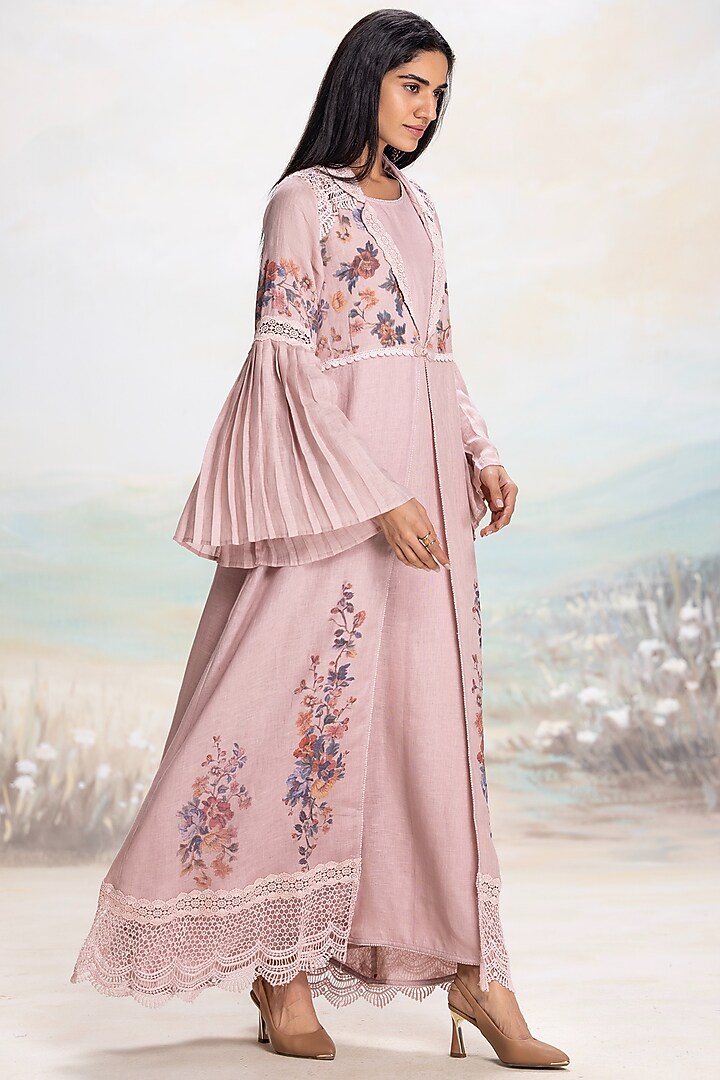 Shadow Rose Linen Printed & Embroidered Abaya Jacket Cocktail Dress by Kaveri at Pernia's Pop Up Shop