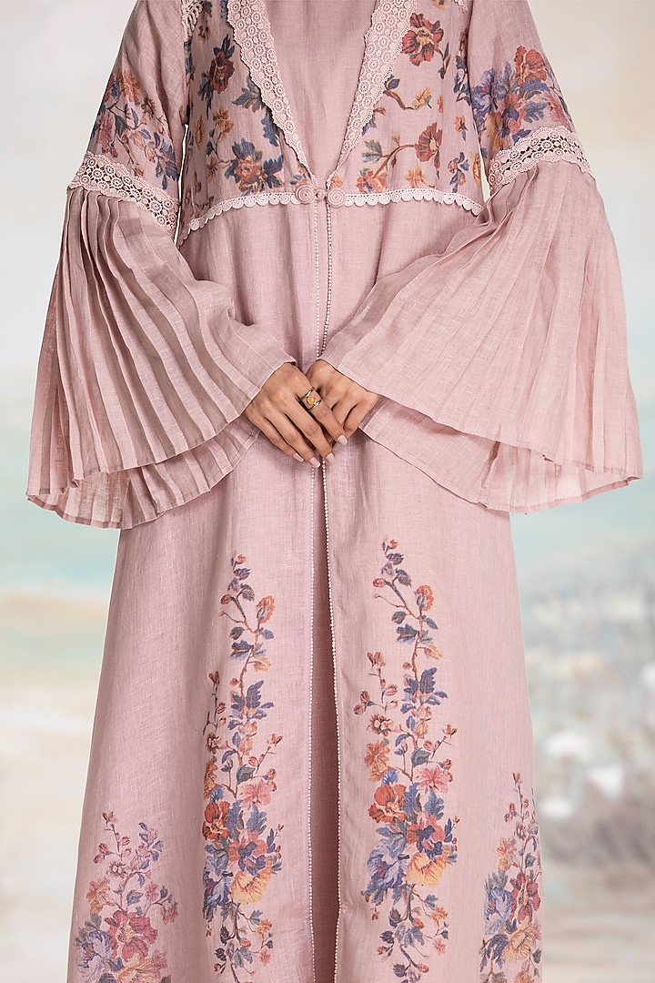 Shadow Rose Linen Printed & Embroidered Abaya Jacket Cocktail Dress by Kaveri at Pernia's Pop Up Shop