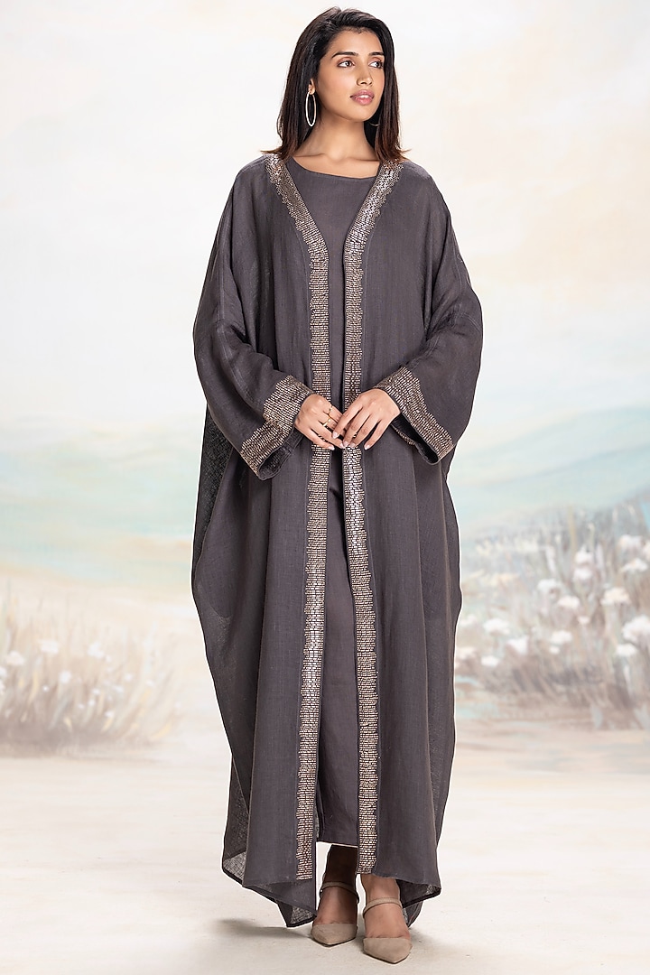 Iron-Colored Linen Embellished Abaya Jacket Set

 by Kaveri at Pernia's Pop Up Shop