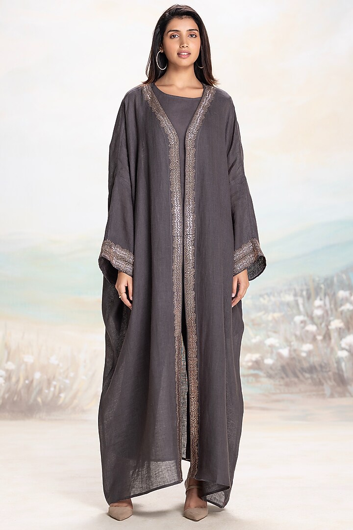 Iron-Colored Linen Embellished Abaya Jacket Set
by Kaveri at Pernia's Pop Up Shop