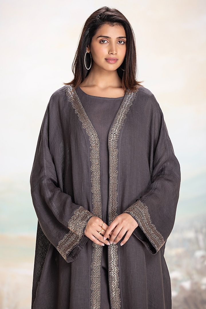 Iron-Colored Linen Embellished Abaya Jacket Set
by Kaveri at Pernia's Pop Up Shop