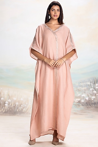 Dusty Rose Linen Embellished Kaftan by Kaveri